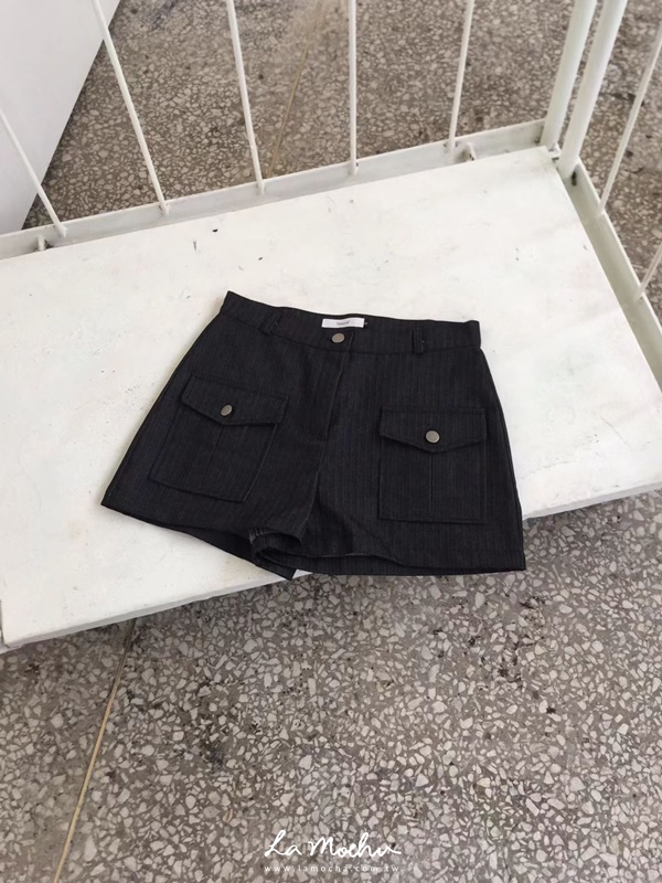 方口袋牛仔條紋短褲